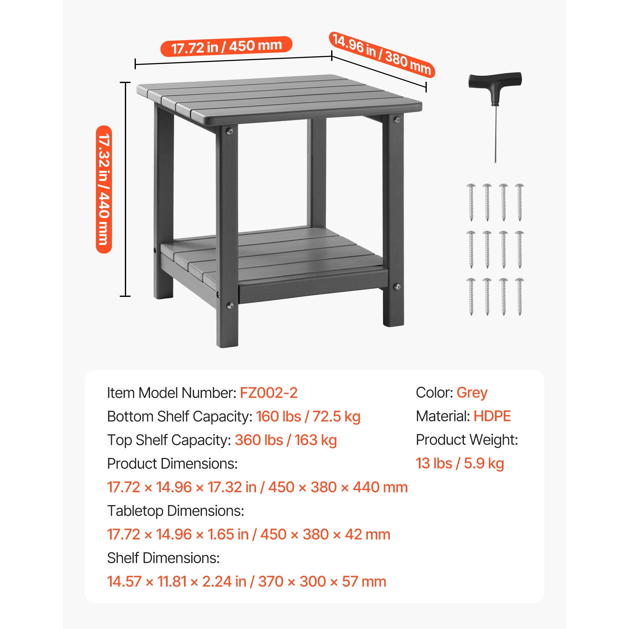 KFFKFF Outdoor Side Table, 17.72W x 14.96D x 17.32H Inch, Double-Layer HDPE End Table for Easy Care, Durable in Various Weather Conditions, Suitable for Patio, Poolside, Beach, Porch, Indoor