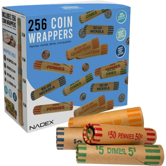 Nadex 256 Assorted Preformed Crimped End Coin Roll Wrappers, 64 Each of Nickels, Dimes, Pennies and Quarters