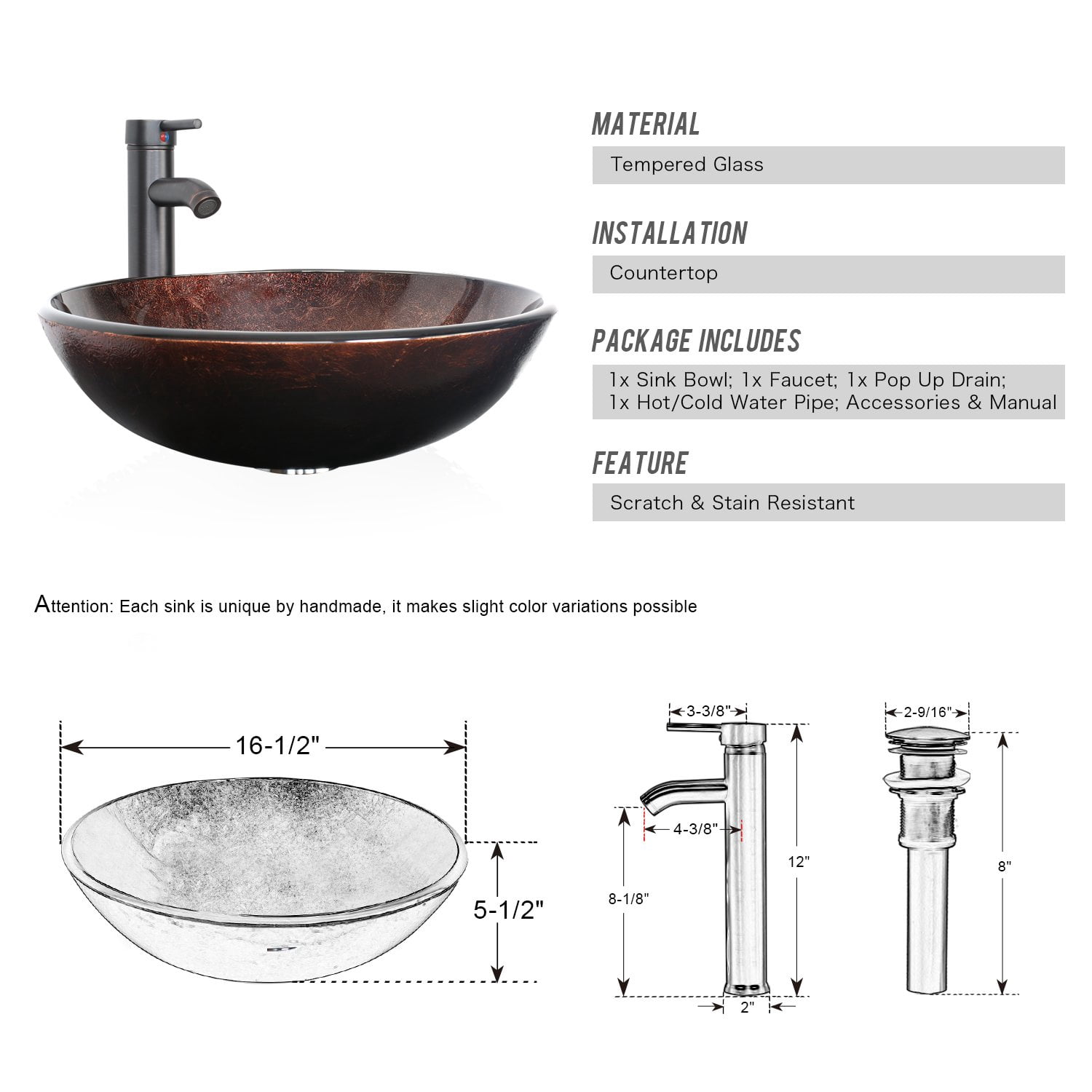 Eclife 24" Black Bathroom Vanity Set with Wood Top, Brown Glass Sink, Water Saving Faucet, Pop up Drain Combo