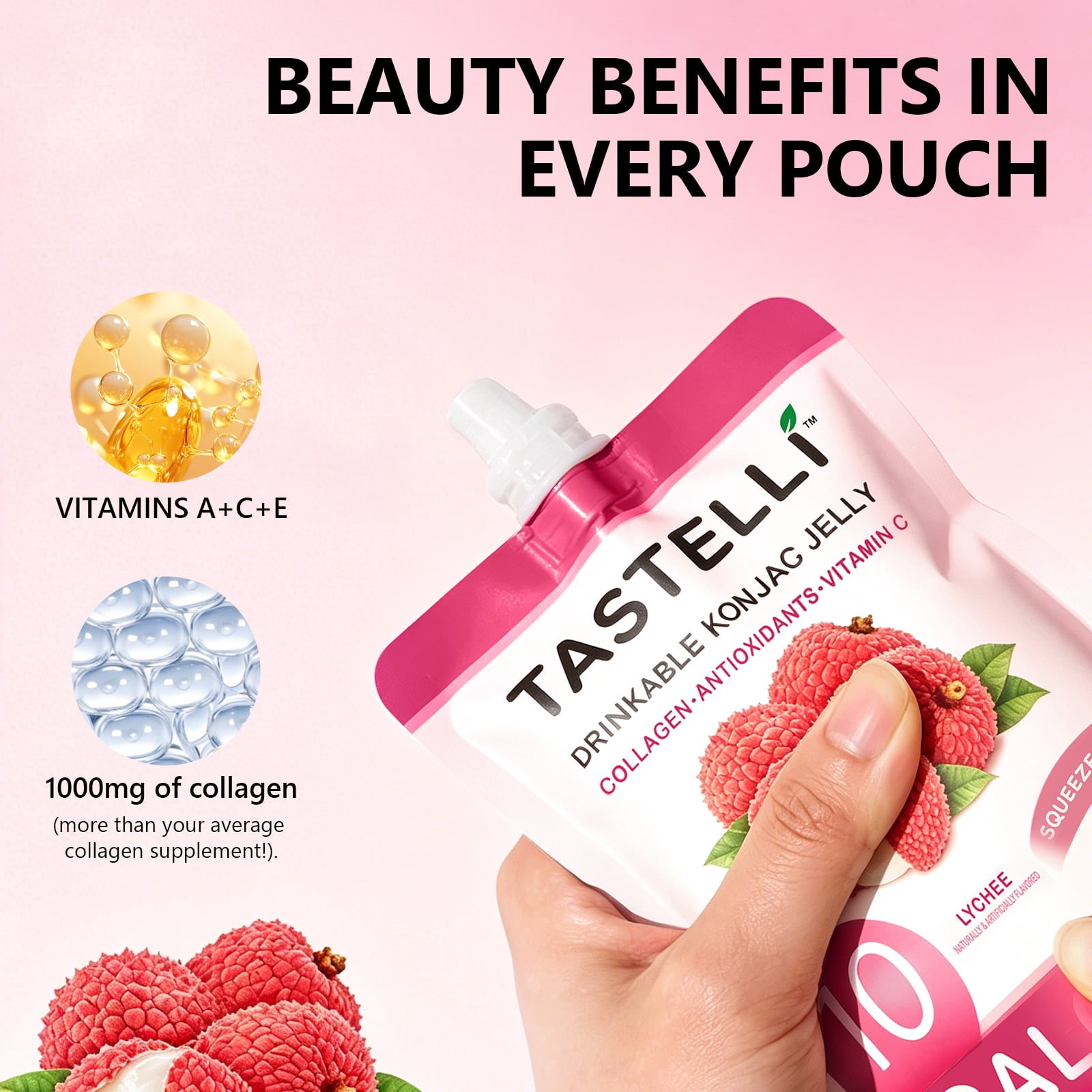 Tastelli Lychee  Konjac Jelly Infused with Collagen & Vitamin C | Gluten Free, Sugar Free, Low Calorie | Vegan Drinkable Fruit Jelly Snack | 150mL x 10 Pouches