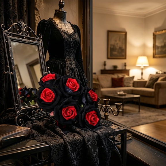 Clearance Sale! Dark Halloween Artificial Rose, Gothic Black and Red Velvet Flower for Home Centerpiece Decor