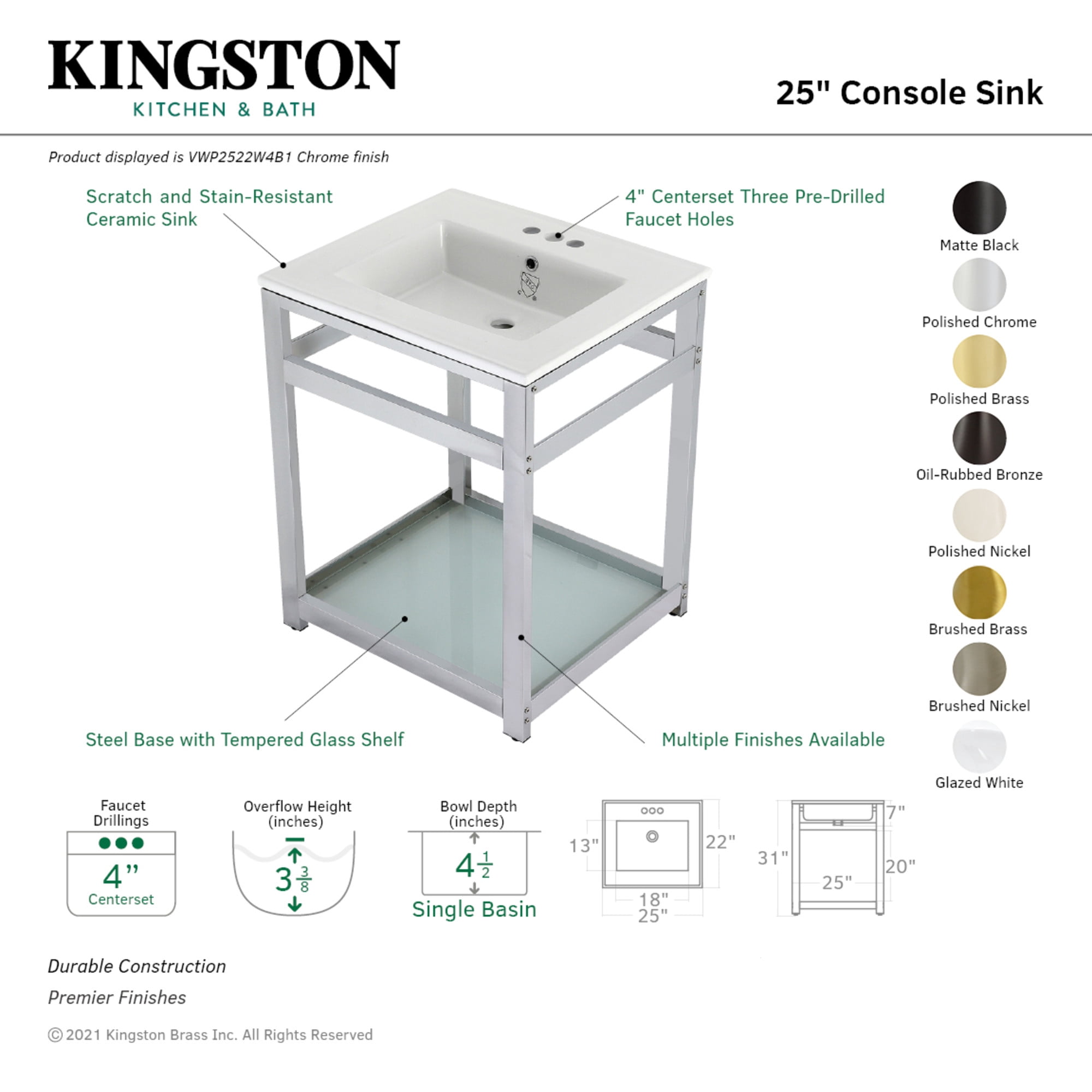 Kingston Brass VWP2522W4B7 Quadras 25" Ceramic Console Sink with Steel Base and Glass Shelf (4-Inch, 3-Hole), White/Brushed Brass