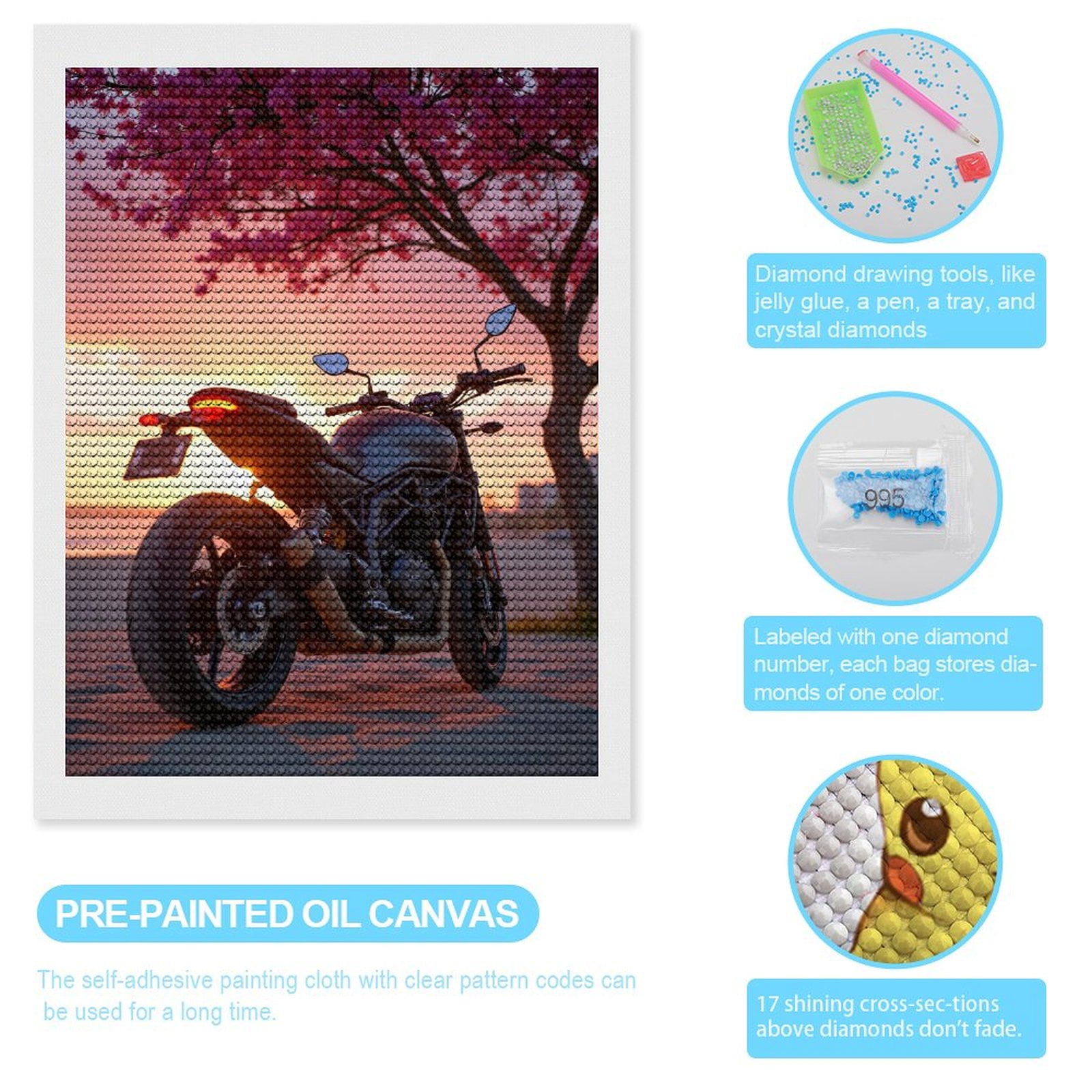 Diamond Art Kits for Adults, Motorcycle Sunset Beach Blossoms 5D Diamond Painting Kits for Adults Beginners, DIY Full Drill Diamond Painting, Gem Art and Crafts 12x16