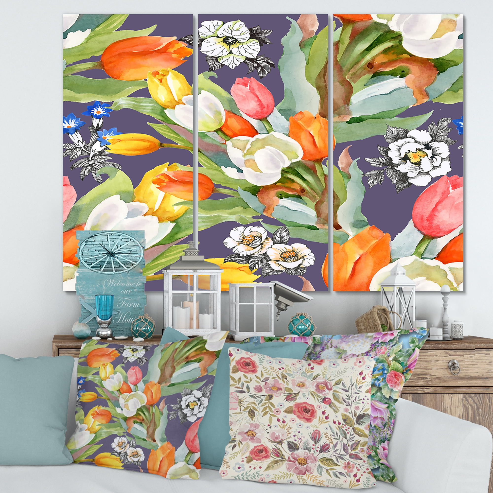 Designart ' Blooming Orange and White Tulips III ' Traditional Canvas Wall Art Print