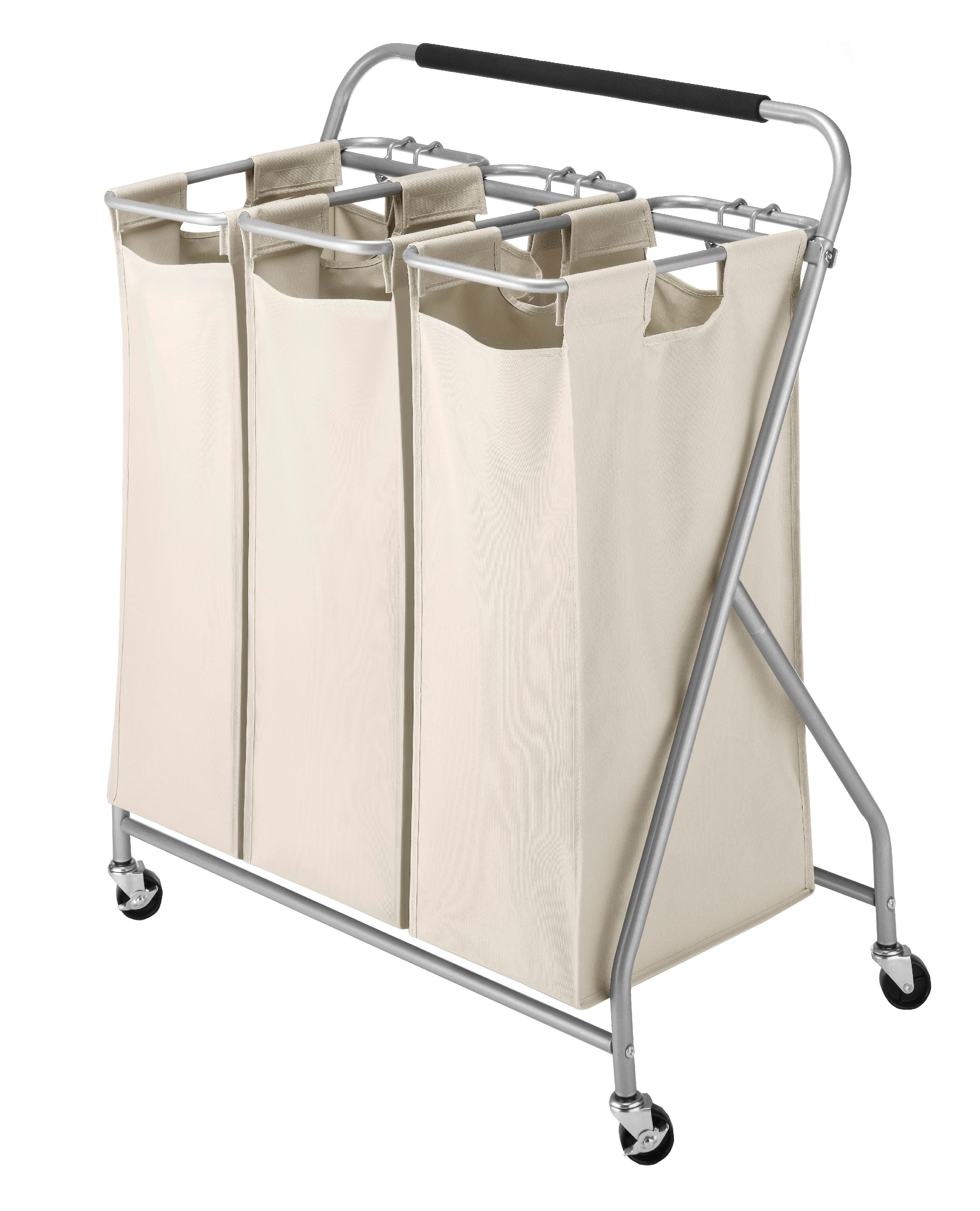 Whitmor EasyLift Triple Bag Rolling Laundry Sorters, Beige and Silver