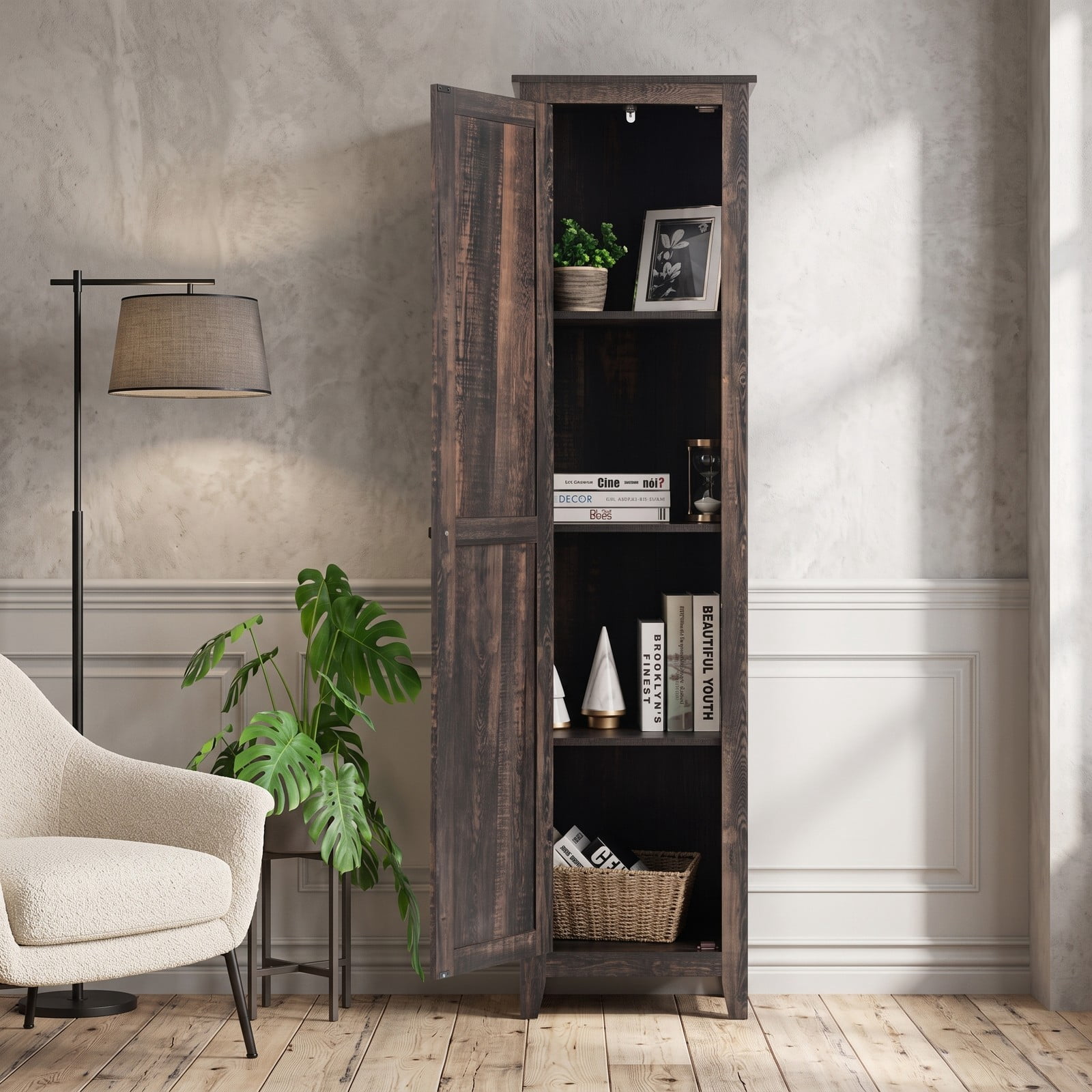 ALPULON Linen Tower Bathroom Storage Cabinet, Tall Slim Freestanding Floor Organizer with 4 Shelves and Enclosed Door, Narrow Anti-Tip Side Storage for, Walnut
