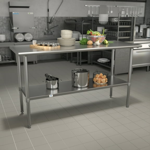 EMMA   OLIVER New 60 in Gauge Kitchen Prep and Work Table with Undershelf, Stainless Steel, 51.7 lb