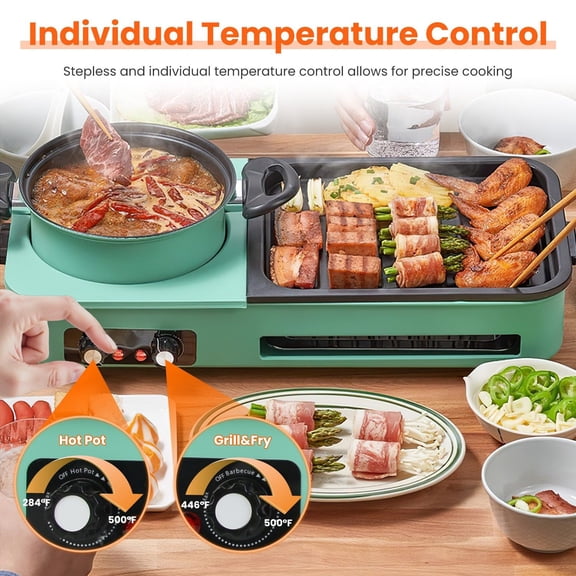 3 in 1 Electric Hot Pot with Grill 1600W Smokeless Non Stick Independent Temperature Control Korean BBQ Shabu Shabu for 3-5 People