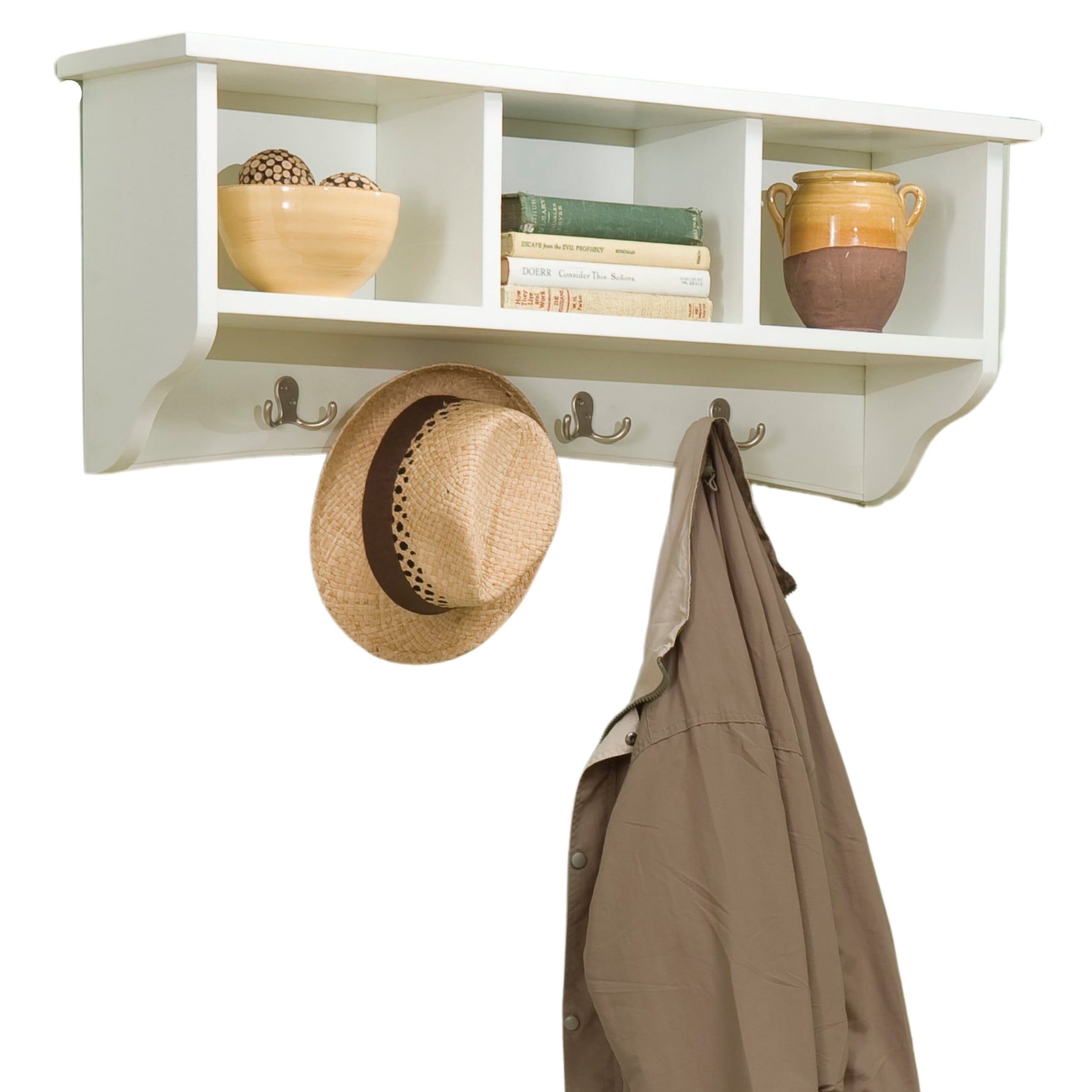 Alaterre Furniture Shaker Cottage Coat Rack with 3 Open Shelves, Wall Mounted Storage, Transitional Design for Entryway Storage Organization, Ivory