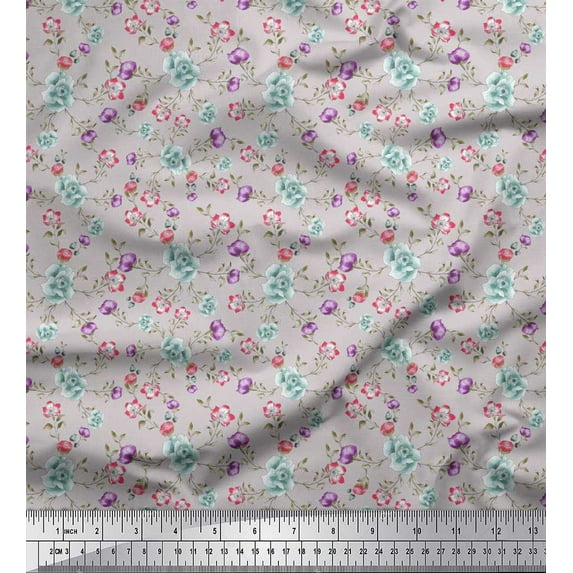 Soimoi Crepe Silk Fabric Leaves & Floral Night Wear Print Fabric by Yard 42 Inch Wide