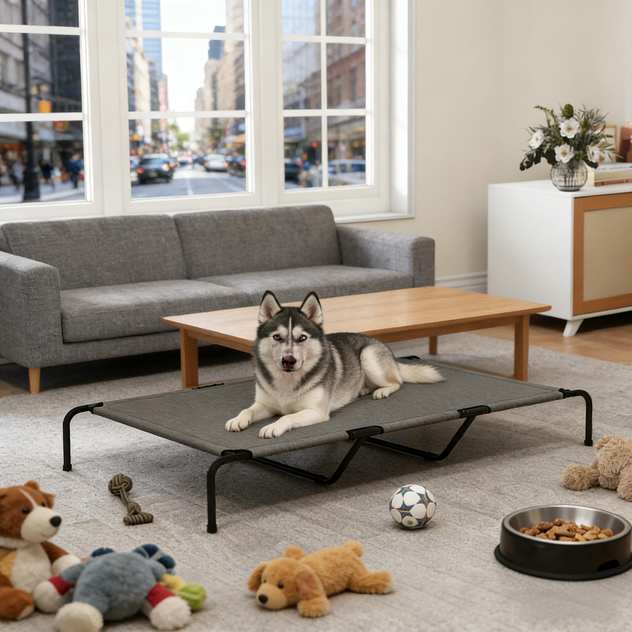 59.8" Elevated Dog Bed, 9.1" Raised Breathable Teslin Mesh Pet Bed, Φ0.9" Powder-Coated Steel Frame Support, Indoor Outdoor Chew Resistant Dog Cot for Large Dogs Up to 149 lbs