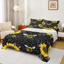 Manfei Cartoon Rustic Bee Animal Full Size Sheets for Kids, Vibrant Farmhouse Sunflower Bed Sheets, Black Yellow Sheet Sets, Microfiber Bedroom Decor, 4-Piece