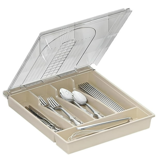 Soporte para utensilios de encimera con tapa, bandeja de plástico para cubiertos para cajón, organizador de cubiertos de 5 compartimentos