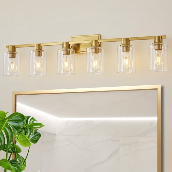 Deyidn 6-Light Modern Bathroom Vanity Light, 43 Inch Gold Finish Dimmable Mirror Light Fixture with Cylindrical Glass Shades