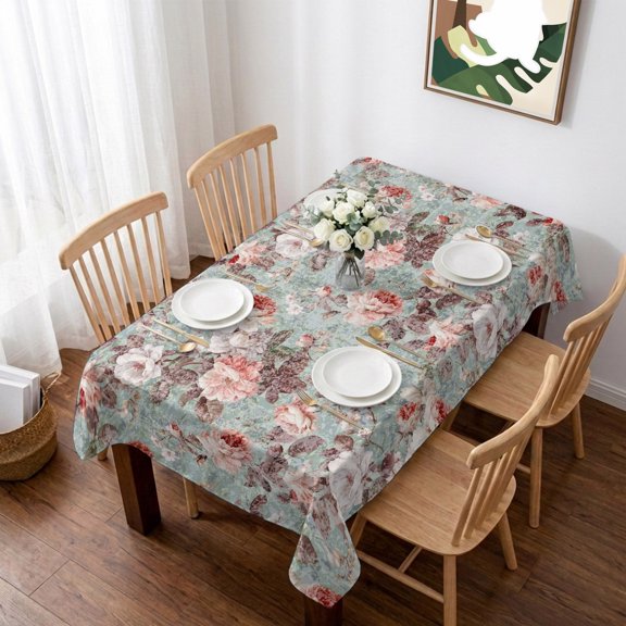 Pink Green Spring Floral Table Cloth Waterproof Tablecloths, Vintage Botanical Summer Tablecloth Dining Table Cover for Kitchen Party Tabletop Outdoor, Rectangle Tablecloth 60x102 Inch