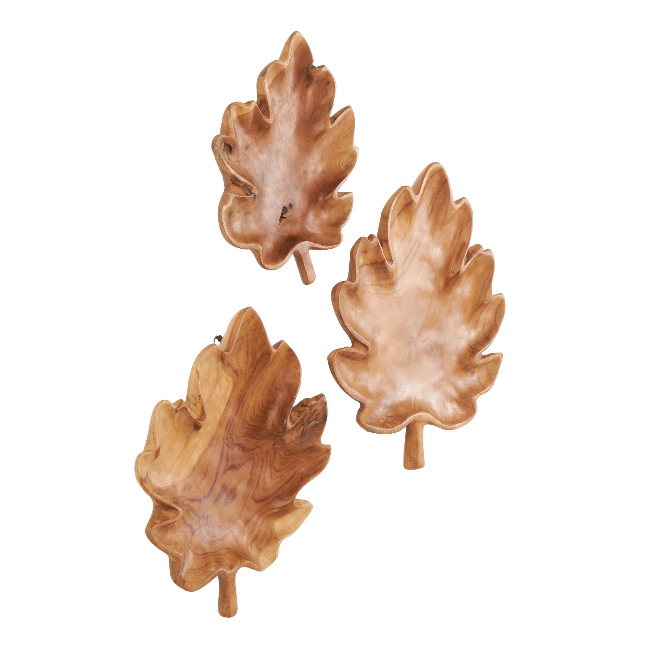 DecMode 17", 15", 13"H Brown Teak Wood Handmade Carved Leaf Tray, 3-Pieces