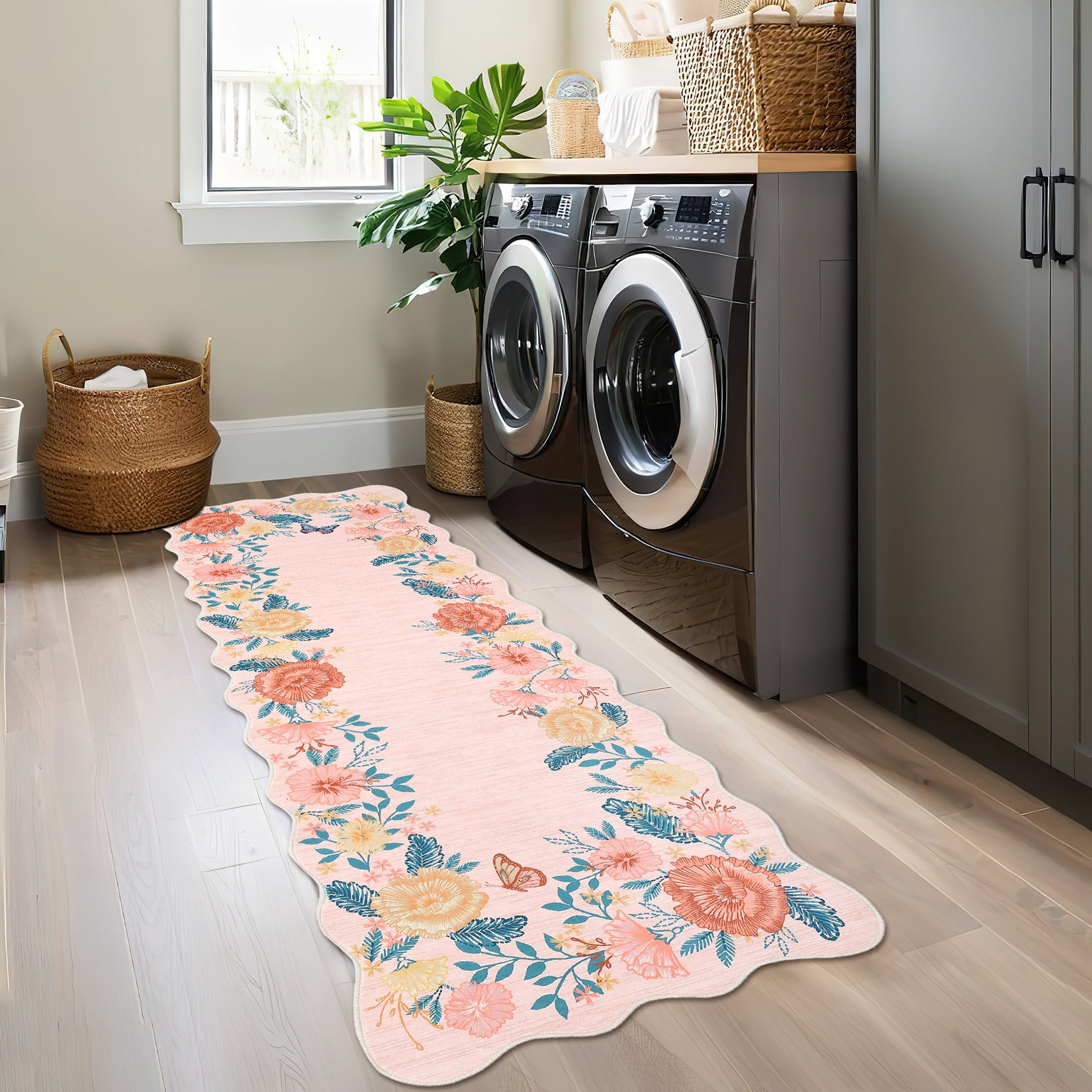 Garvee 2'x6' Runner Rugs Washable Foldable Print Rug, Non-Slip Low Pile Rug Distressed Indoor Floral Rugs for Hallway, Laundry Room, Farmhouse Kitchen Mat, Pink