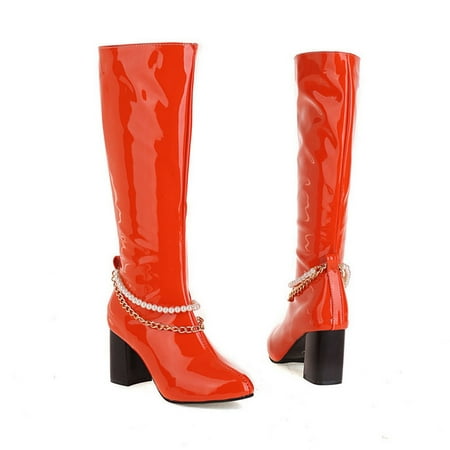 

Women Shoes High Heel Casual Winter Fashion Glossy Pearl Chain Solid Color Pointed Side Zip Knee High Boots