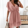 thumbnail image 2 of Knee Length Evening Dress Flutter Sleeve Wrap Dress for Women Elastic Waist V Neck Sundress Solid Color Ruffle Hem Flowy Dresses Knee Length, 2 of 4
