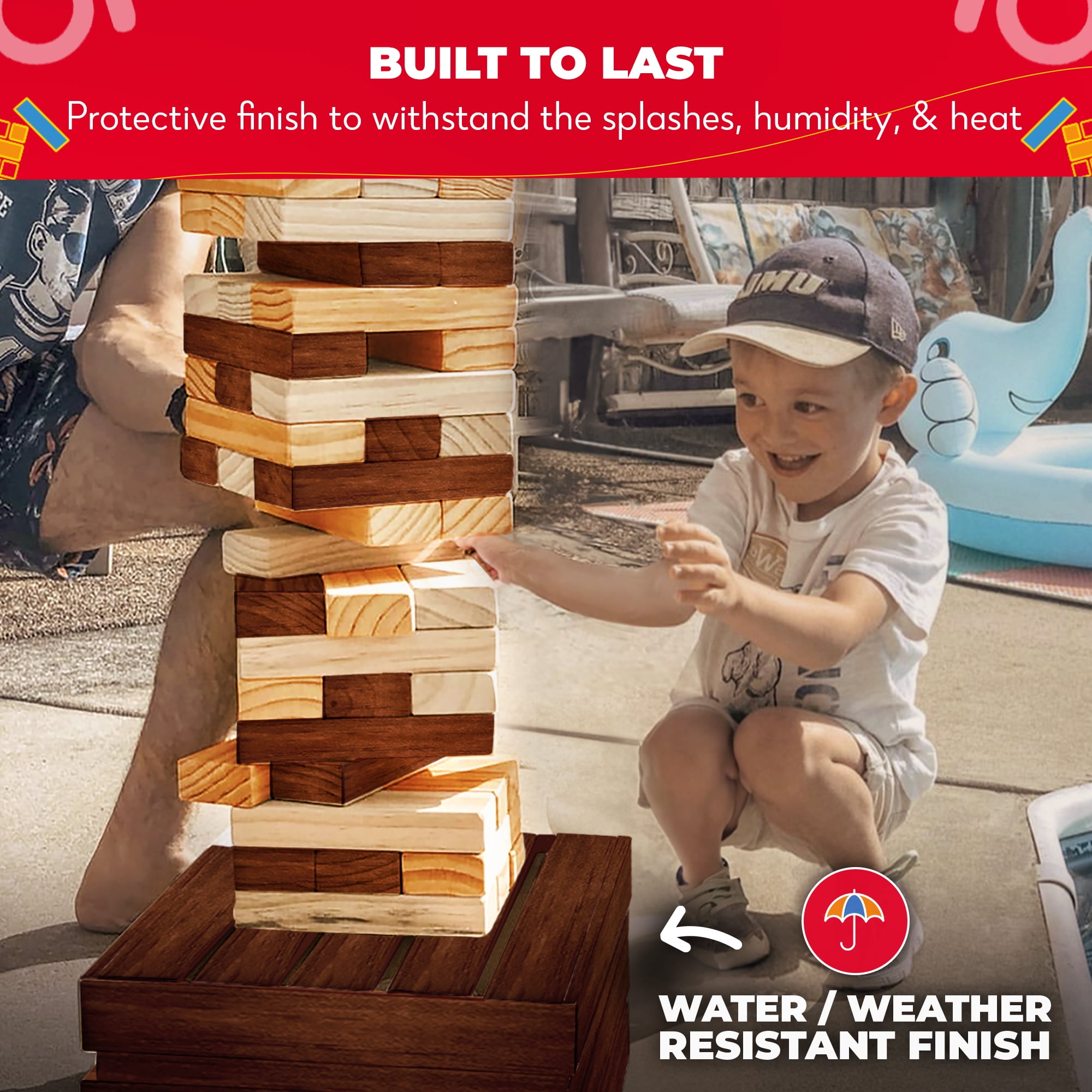 SWOOC Games - Reclaimed Giant Tower Game (Weather Resistant) 60 Blocks + Storage Crate / Outdoor Game Table | Stacks up to 5ft | Giant Outdoor Games For Adults | Large Yard Games | Jumbo Lawn Games
