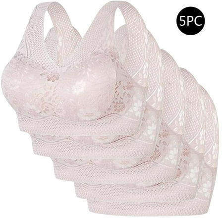 REORIAFEE Seamless Bras for Women 5PC No Wire Gathered Together Bras Solid Brassiere Breathable Wide Strap Comfy Corset Underwear Classic Comfortable Support Lingerie Pink XXXL
