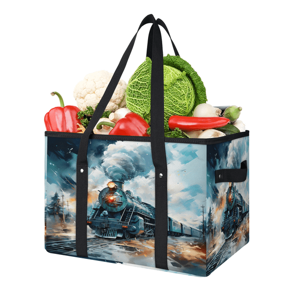 ADECORIVY Watercolor Steam Train Reusable Grocery Bags, Foldable Shopping Bags for Groceries with Handles, Large Grocery Tote for Kitchen, Market, Car, Trunk, Picnic
