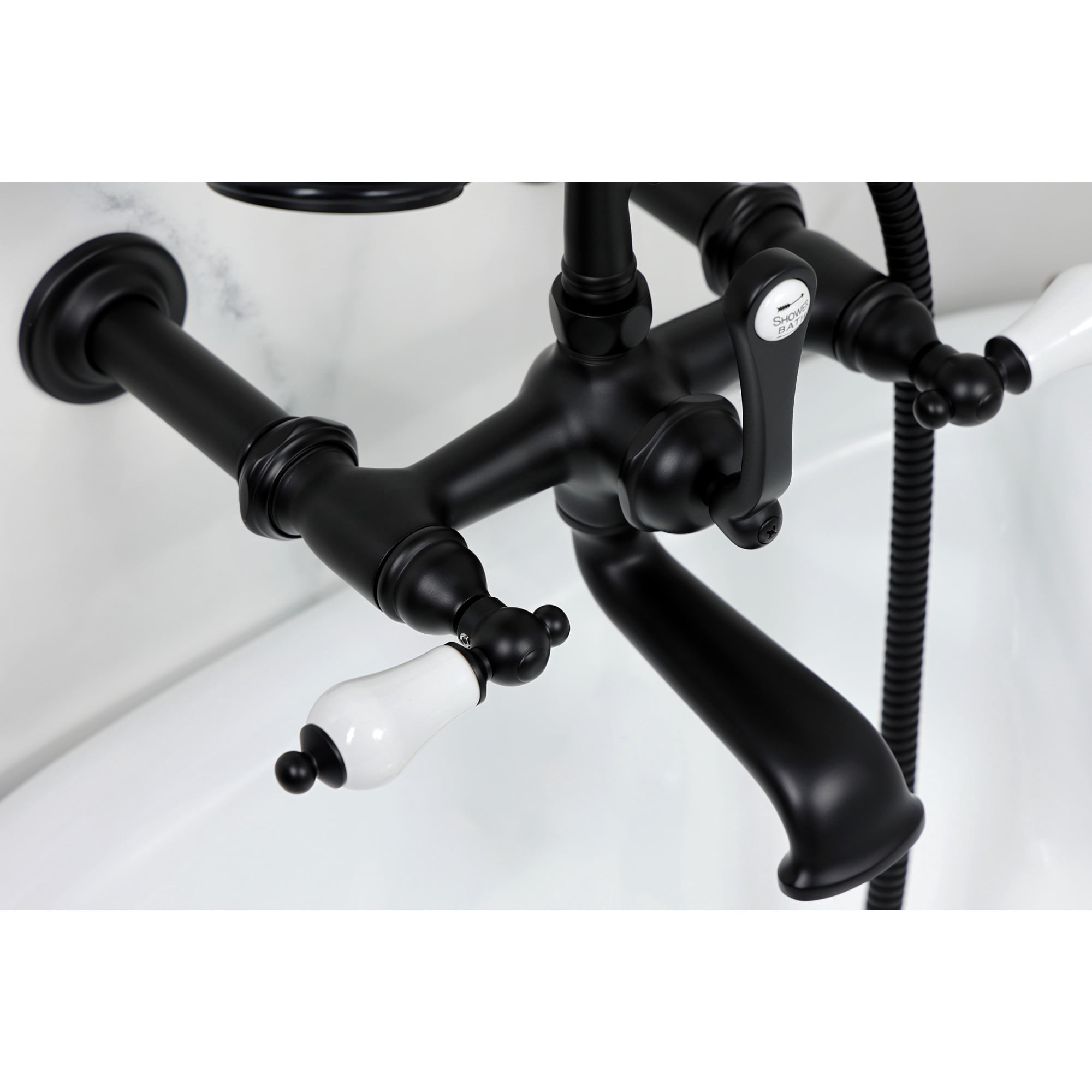 Kingston Brass CC543T0 Vintage 7-Inch Wall Mount Tub Faucet with Hand Shower, Matte Black