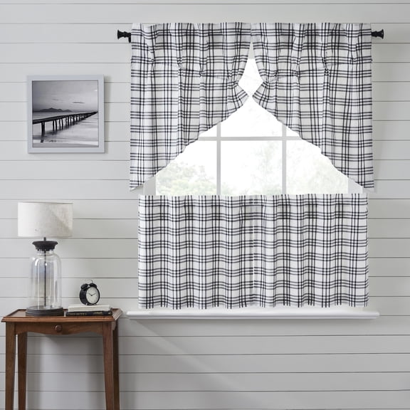 VHC Brands Sawyer Mill Black 4 PC Plaid Curtain Set (2 Prairie Swag 36x18 and 2 Tier 24x36)