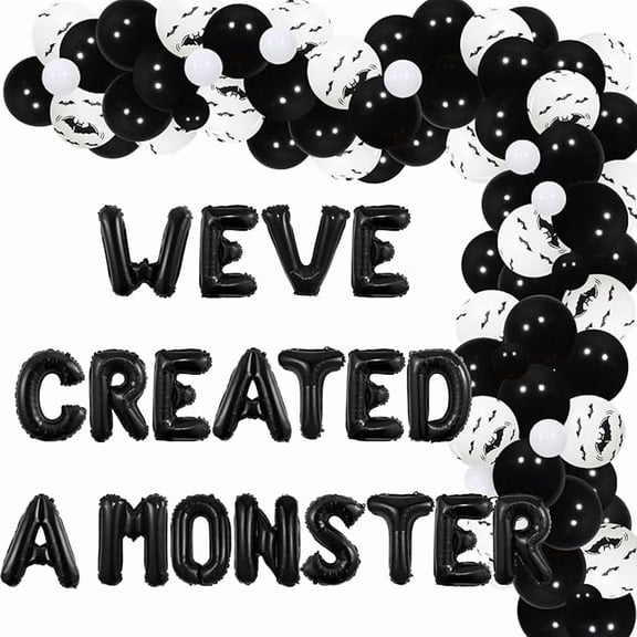Halloween Monster Baby Shower Decorations, Black White Balloon Garland Arch Kit and We've Created a Monster Foil Balloons for Gender Reveal Baby Shower Party Supplies