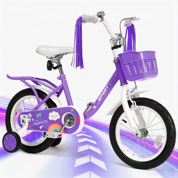 Naipo 14Inch Kids Bike for 3-8 Years Girls Boys with Handbrake 14" Children Princess Bicycle with Training Wheels Basket Streamer Toddler Cycle Bikes Purple