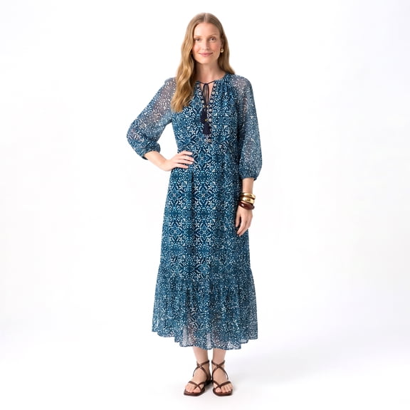 Alvantor Women's Printed Midi Dress, Tie Neck 3/4 Sleeve Tiered Style, Navy Multi