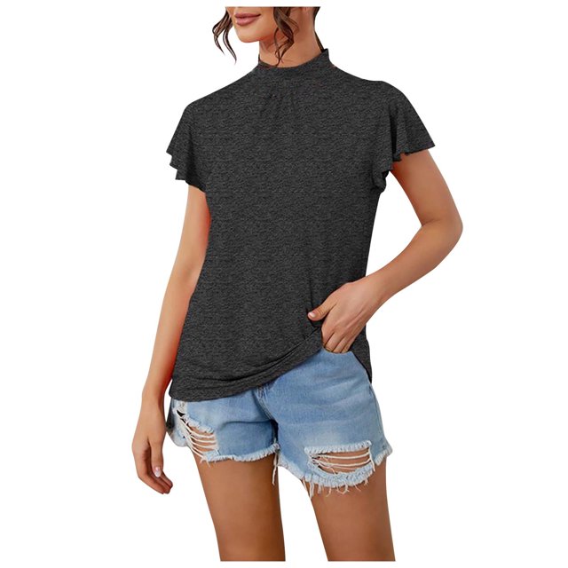 AherBiu Plus Size Tops for Women Summer Casaul Trendy Ruffle Sleeve Tops High Neck Loose Comfy Shirts