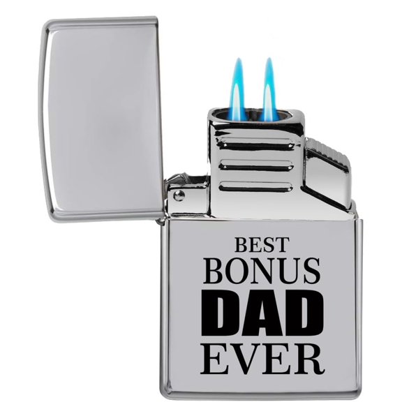Dual Flame Torch Lighter Best Bonus Dad Ever Step Father (Chrome)
