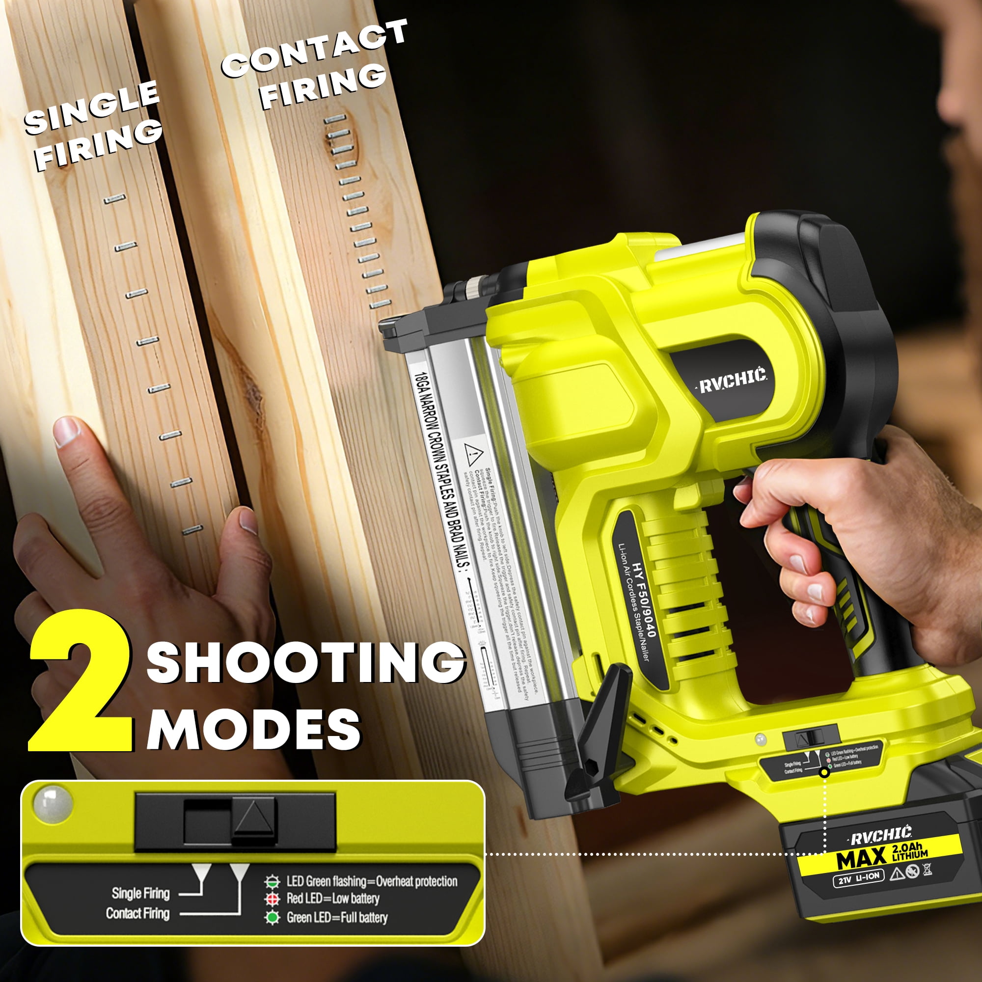 Rvchic 18GA 2-in-1 Cordless Brad Nailer with 2 * 2.0Ah Battery& 1000pcs Nails,for Woodworking,Home Improvement,Green