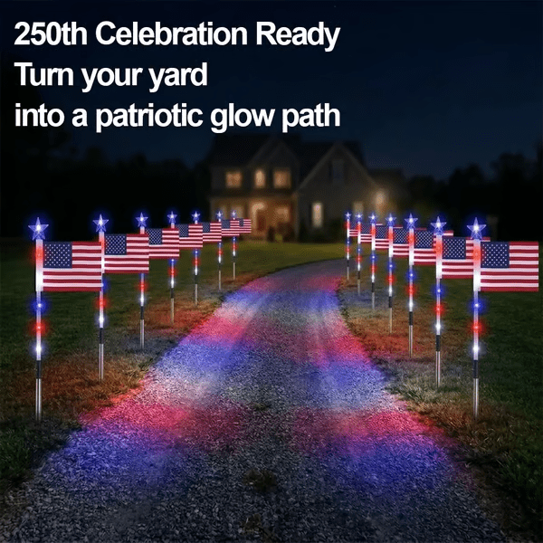 8 Pack Solar American Flag Pathway Stake Lights with 8 Modes, Red White Blue Patriotic Solar Powered Flag Pole Lights, Waterproof LED Outdoor 4th of July Memorial Day Yard Garden Decorations