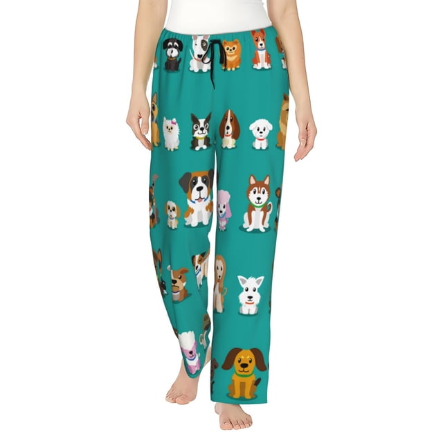 Fotbe Cartoon Dogs Pantalones de Pijama para Mujer, Pantalones de Dormir, Pantalones Pj con Cordón y Bolsillos-Large
