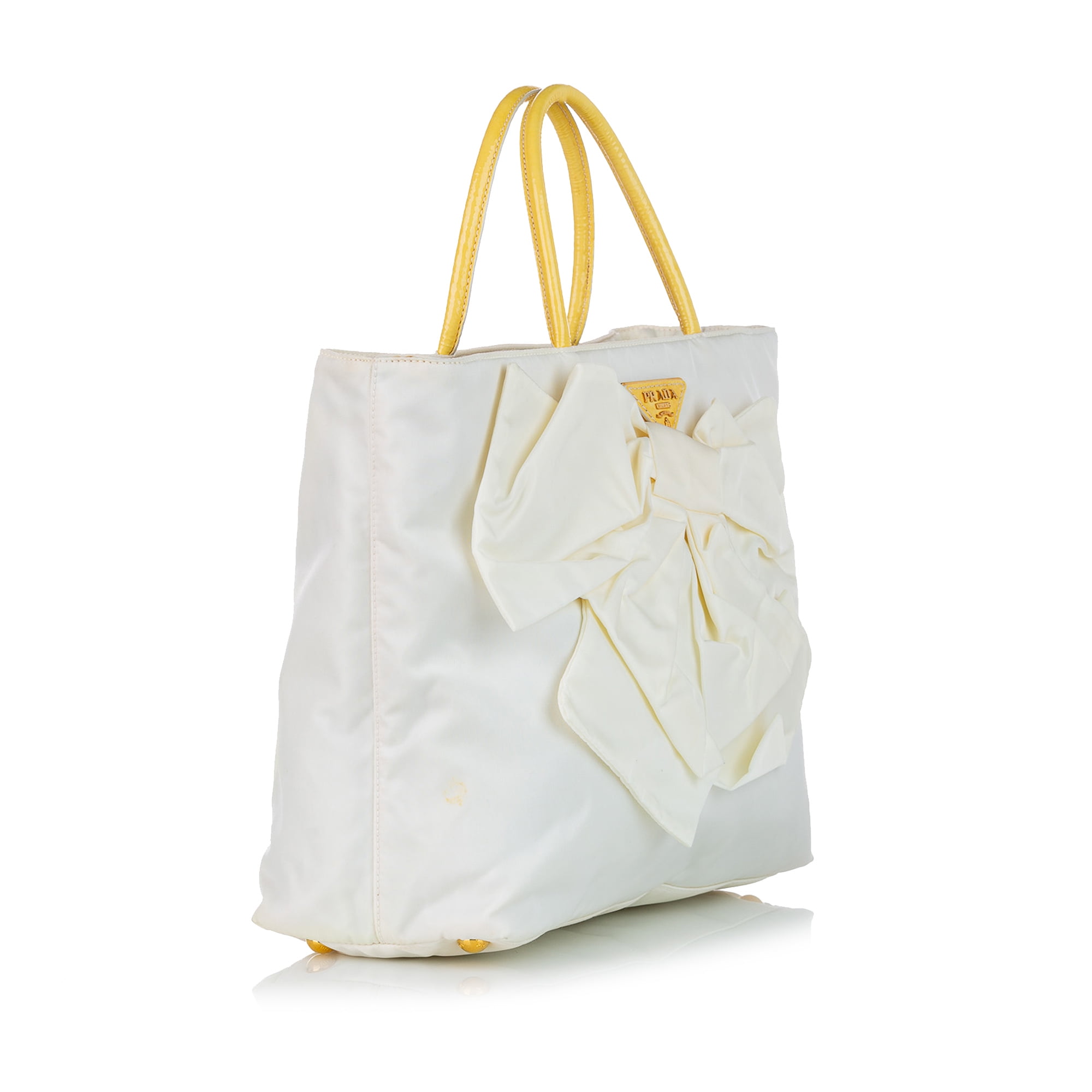 used Women Pre-owned Authenticated Prada Tessuto Bow Tote Bag Nylon Fabric White, Women's, Size: Medium