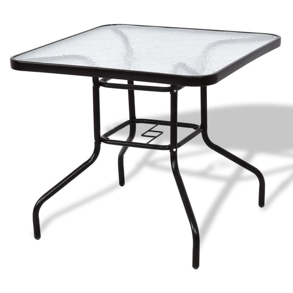 Square Glass Table, Patio Table with Steel Frame and Lower Shelf for Dining Room, Sofa, Bed or Outdoor Garden
