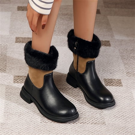 

Snow Boots Ladies Fashion Leather Suede Splicing Plush Short Boots Plush Side Zipper Snow Boots