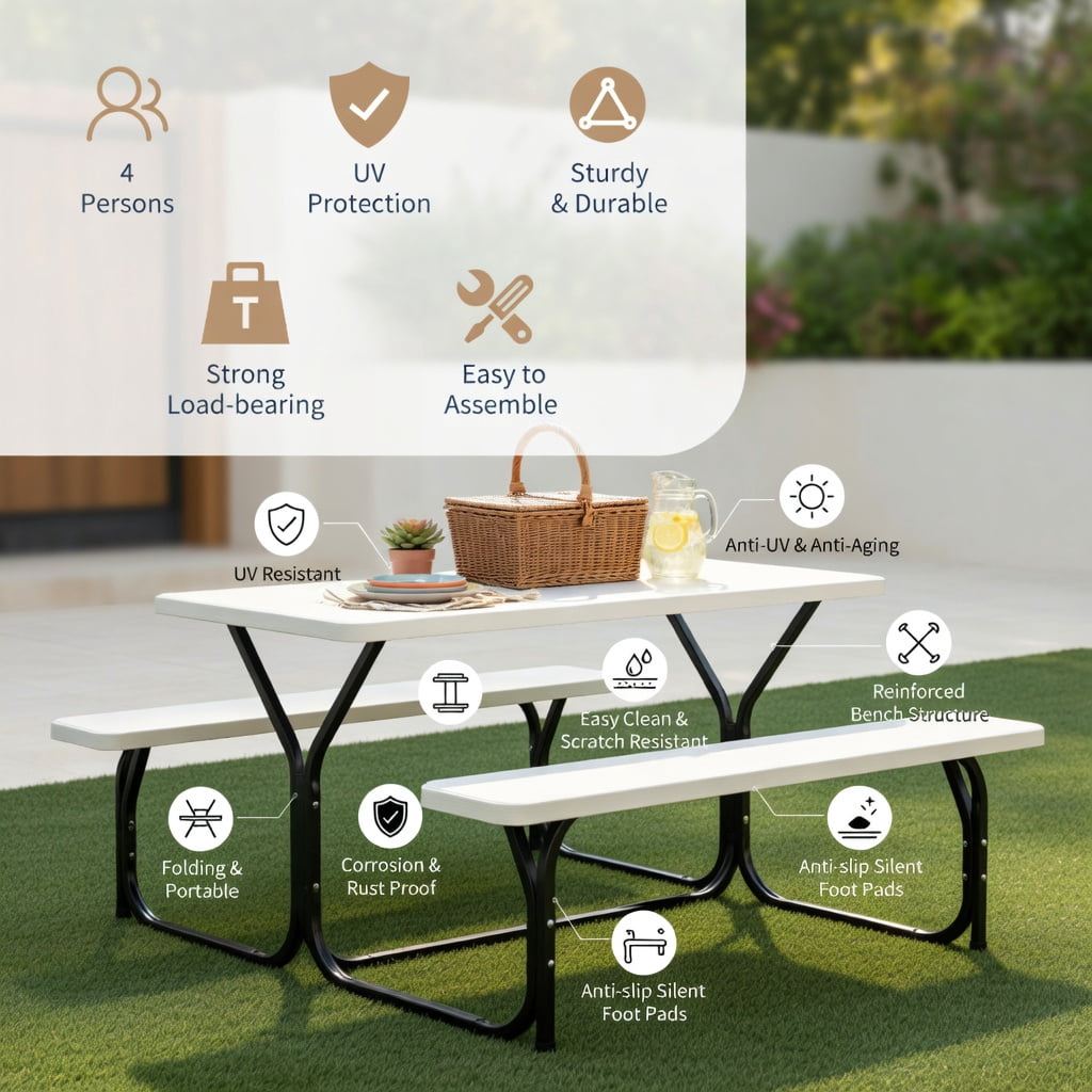 Hommoo Outdoor Picnic Table and Bench Set, HDPE Weather-Resistant Folding Patio Table with 2 Benches, White