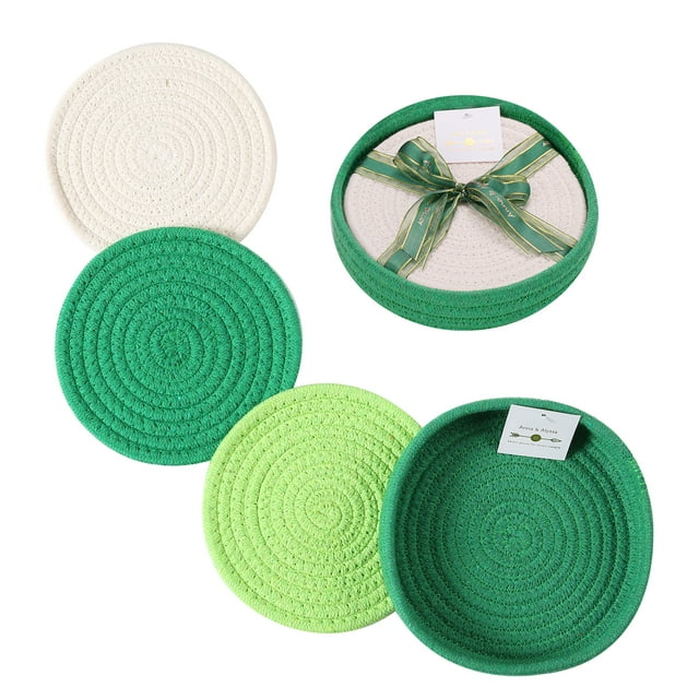 Green Cotton Woven Trivet Set with Holder, 7 inches Round Fabric Insulation Pads for Table Décor