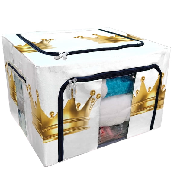 PKQWTM Shiny Gold Crown Isolated On White Storage Bag Clear Window Storage Bins Boxes Large Capacity Foldable Stackable Organizer With Steel Metal Frame For Bedding,Clothes,Closets, Bedrooms
