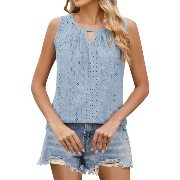 Camiseta sin mangas de color liso con cuello redondo y pliegues de encaje para mujer - Detalles femeninos, lavable a máquina, tallas S-XXL, contorno de pecho 93-119 cm