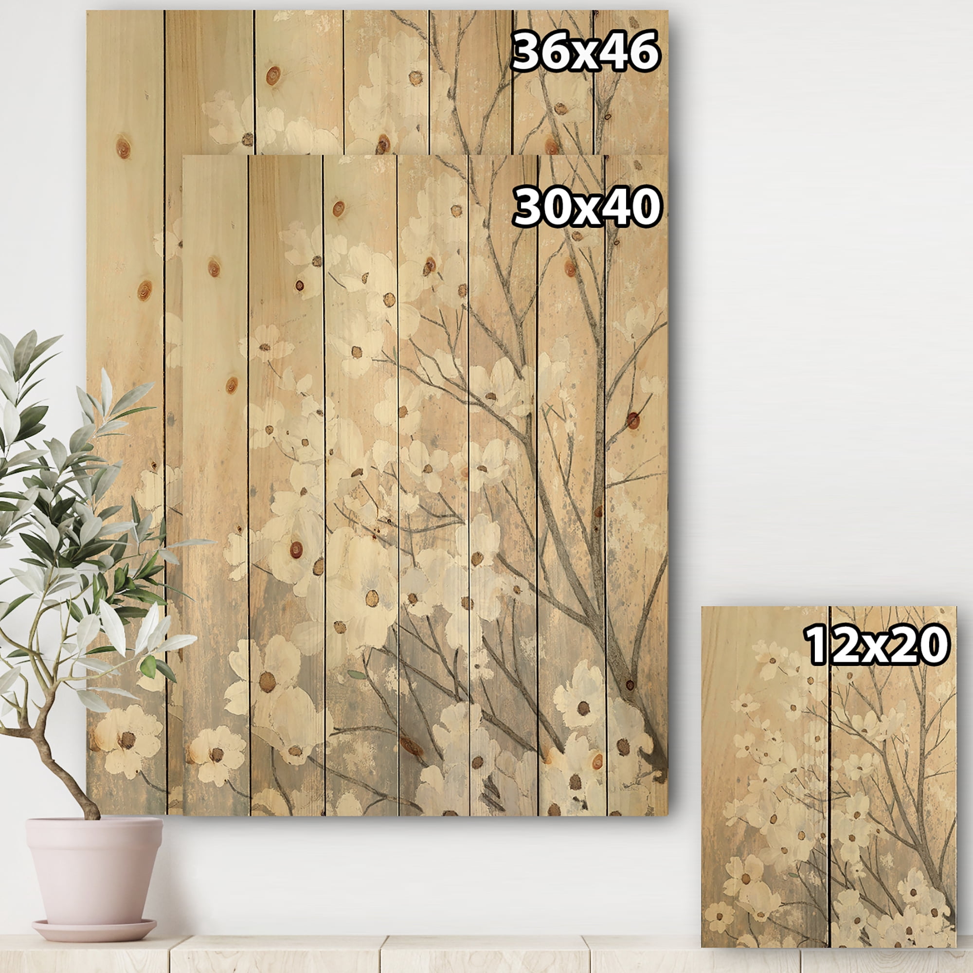 Designart 'White Blossoms Flowers on Grey' Traditional Print on Natural Pine Wood