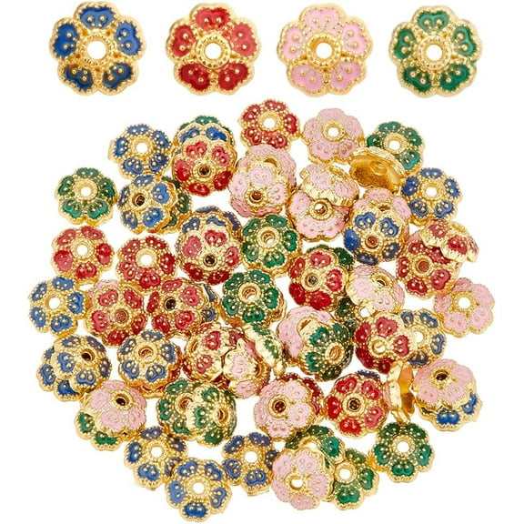 80Pcs 4 Colors Enamel Flower Bead Cap Alloy Spacer Bead Caps Gold Plated Vintage Bead End Caps for Jewelry Making Hole: 0.9mm Multi-color