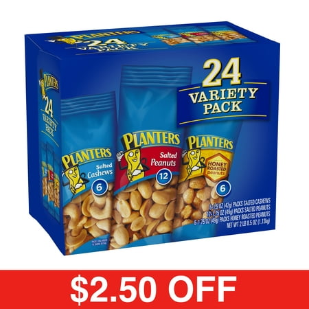 Planters Nut 24 Count-Variety Pack, Salted Peanuts, Honey Roasted Peanuts & Salted Cashews Ready-to-Go Sleeves, 40.5 oz Multi-Pack