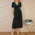 thumbnail image 2 of CharmCyan Women’s Velvet Midi Dress with Puff Short Sleeves V Neck Tiered Skirt and Relaxed Fit for Casual or Formal Wear Dark Green S, 2 of 6