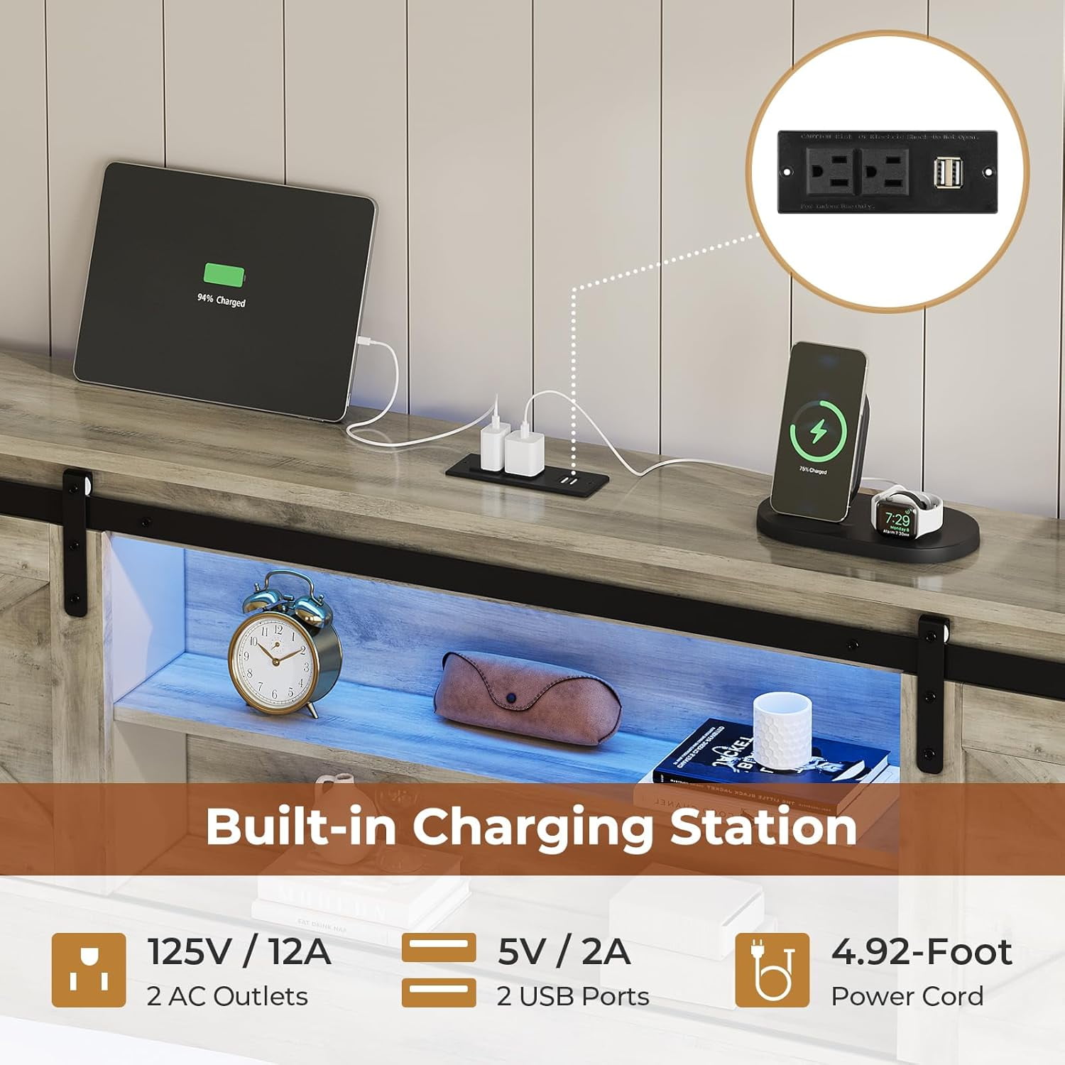 Farmhouse California King Size Bed Frame with Charging Station & LED Lights,Wooden Platform Cal King Beds with 4 Storage Drawers,Storage Headboard and Sliding Barn Door,Gray
