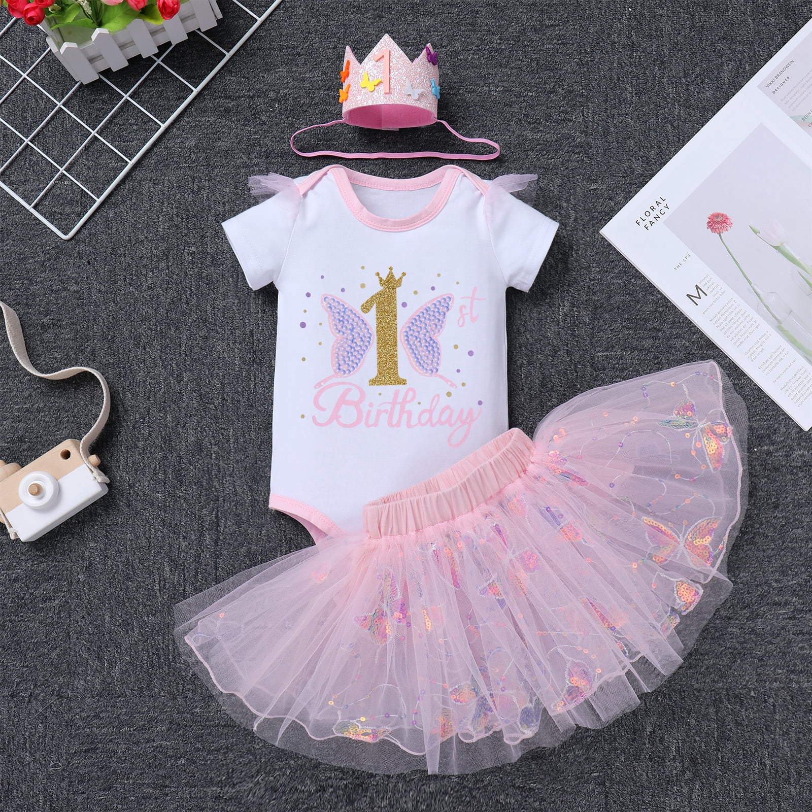 IBTOM CASTLE Baby Girl 1st Birthday Outfit Sequin Butterfly Romper Tutu Skirt Headband Clothes for Cake Smash Photo Shoot 1 Year Pink Butterfly