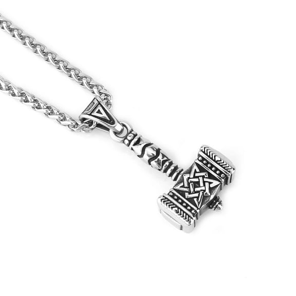 Men's Viking Thor's Hammer Amulet Necklace, Vintage Nordic Thor's Hammer Amulet Pendant with Sturdy Wheat Chain, Stainless Steel Jewelry